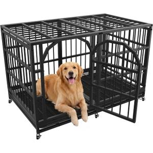 Asee'm 48 inch Heavy Duty Dog Crate for Large Dogs with Wheels, Escape Proof Indestructible Dog Kennel Large Big Cage Indoor for High Anxiety with Locks and Removable Trays, 48.0"L x 28.0"W x 31.0"H, Black