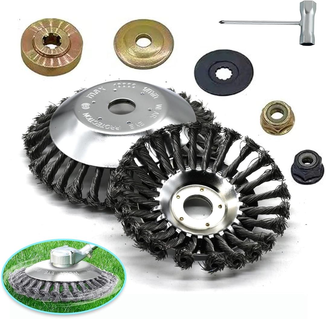 8 Inch Weed Wacker Attachments Heads, Steel Wire Rotary Brush Cutter Trimmer Head Weed Blade, Universal Adapter Kits, Lightweight Gardening Lawnmower, Moss Grass Rust Removal