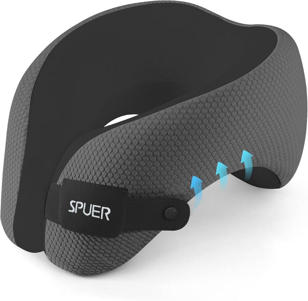 2in1 Ergonomic Memory Foam Travel Neck Pillow  Travel Pillow for All Sleep Positions on Flights, Road Trips, and Long Distance Travel with Drawstring Bag (Adjustable - Dark Gray & Black)