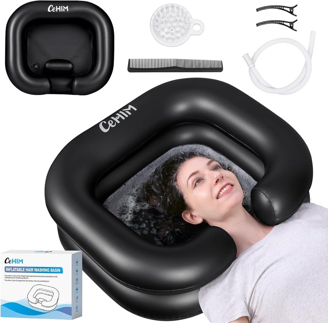 Inflatable Shampoo Basin - Portable Shampoo Bowl, Hair Washing Basin for Bedridden, Disabled,Injured, Hair Wash Tub for Dreadlocks and at Home Sink Washing (Black, 15in Inner)