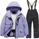 Winter Kids 2 Piece Ski Suit Boys/Girls Thicken Warm Hooded Jacket and Ski Pants Snowsuit Snowboarding Clothes (6, Purpleblack)