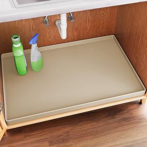 FLATO Waterproof Under Sink Mat 31" x 22" Shelf Liner for Kitchen and Bathroom, Cabinet Protector, Organizers and Storage, Flexible Silicone Drip Tray (Beige)