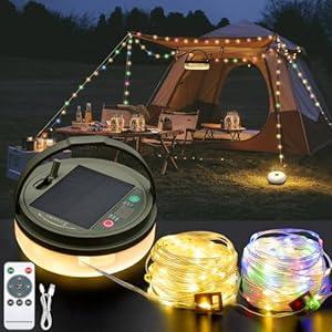 Solar Camping String Lights, 4 in 1 Outdoor Camping Lantern with 8 Lighting Modes(32.8Ft), Quick 30s Recovery, Waterproof, TypeC Fast Charging, Portable Camping Lights for Camping/Yard/Hiking
