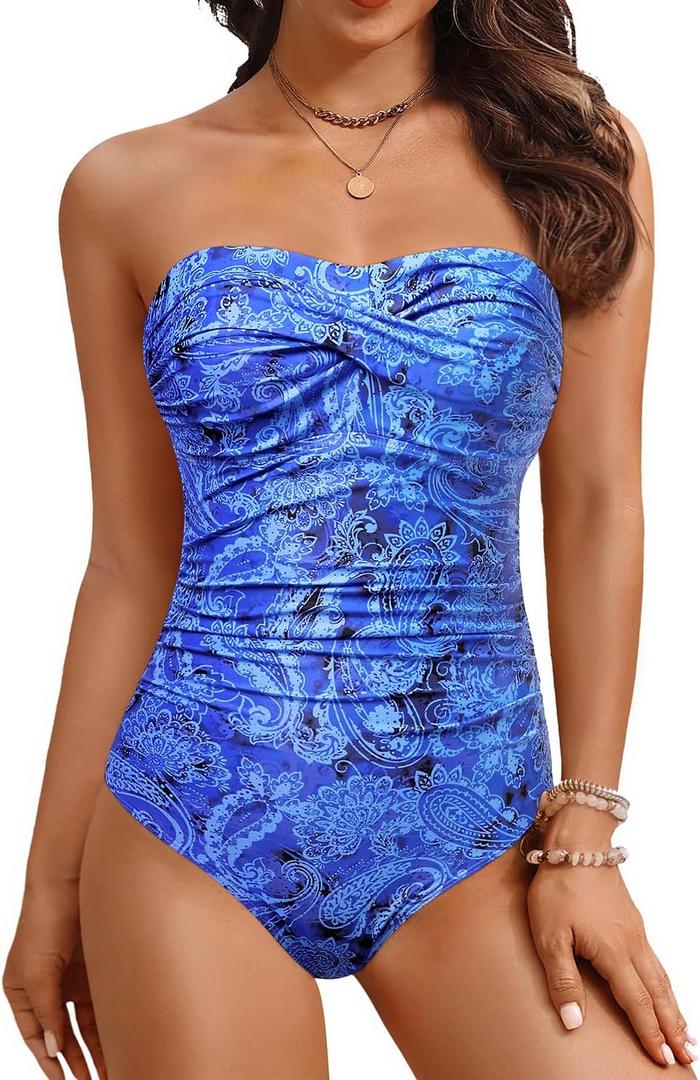 Yonique Womens Strapless One Piece Swimsuit Tummy Control Bandeau Bathing Suits Slimming Twist Front Swimwear (Medium, Blue Paisley)