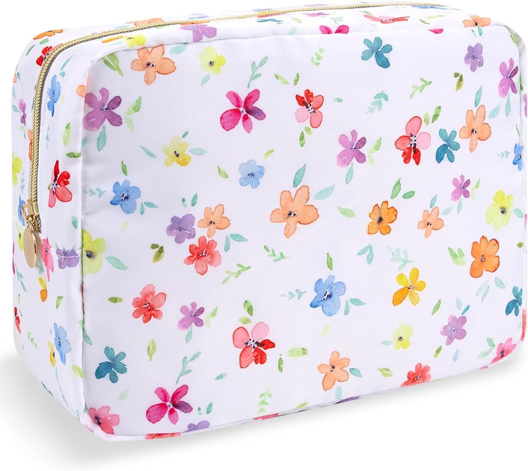 Nylon Large Floral Makeup Organizer Bag, Preppy Big Cute Flower Cosmetic Zipper Pouch Multi-compartment with Dividers, Waterproof Toiletry Makeup Brushes Bag Travel Essentials for Women(White-Flower)