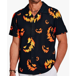 Men's Halloween Button Up Shirt Hawaiian Pumpkin Bat Printed Short Sleeve Halloween Shirt for Costume Party Size 2XL