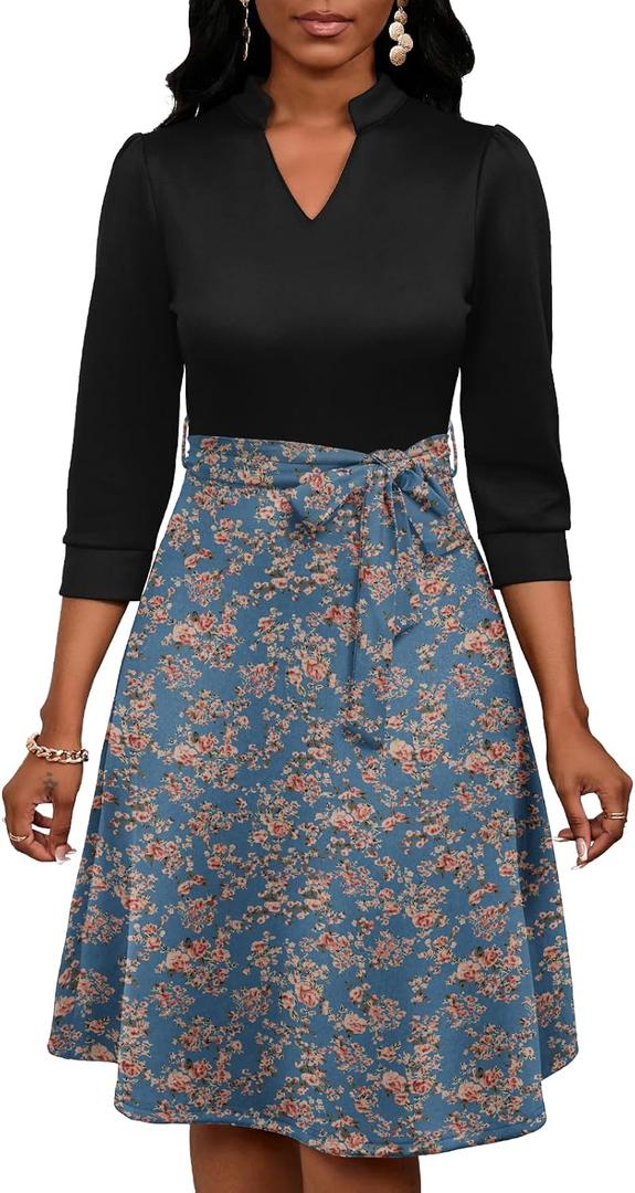 PerZeal Women's Casual Flowy A-Line Midi Dress Flared V-Neck Colorblock Print for Wedding Guest 3/4 Sleeve Dress with Belt