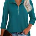 Vivilli Womens Tops Dressy Casual 3/4 Length Sleeve V Neck Shirts and Blouses Zipper Collar Women Polo Shirts (Green, L)