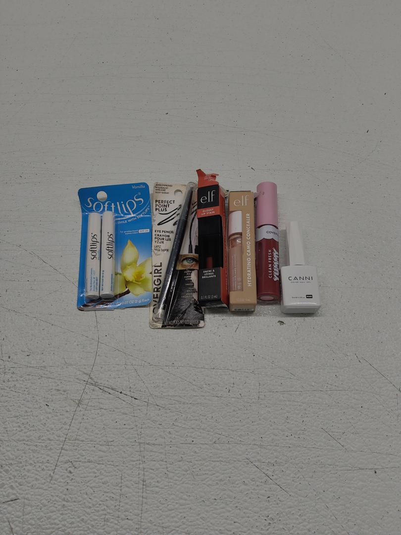 Softlips Daily Lip Moisturizer For Very Dry Lips; COVERGIRL Clean Fresh Yummy Lip Gloss; e.l.f. Hydrating Camo Concealer; CANNI White Gel Polish; e.l.f. Glossy Lip Stain; CoverGirl Perfect Point Plus Eyeliner Pencil