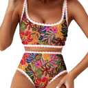 Herseas Women's Bikini Sets Floral Print Whip Stitch 2 Piece Swimsuits High Waisted Scoop Bathing Suits (L)