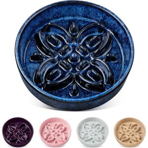 vancasso Ceramic Slow Feeder Dog Bowls, Puzzle Dog Food Bowls with Floral Maze, Anti -Slip Pet Food Dish for Small Breed, 0.6 Cups, Blue