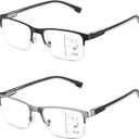 Multifocus Reading Glasses Men Bifocal No Line Progressive Multifocal Reader Blue Light Computer Frame Eyeglasses 2pk (Clear 0 Zero Top Multifocal Lens(black/Brush)