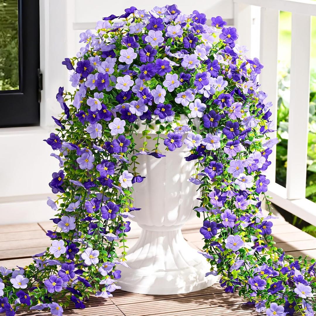 Waipfaru 4 Pcs Artificial Hanging Flowers for Outdoors, Fake Hanging Plants for Outdoor, UV Resistant Silk Faux Violet Flowers Spring Summer Decor for Planter Porch Patio Indoor Decoration, Purple