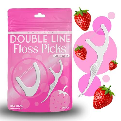 Pack Of 4 Floss Picks, Strawberry Flavored Dual-Line Dental Flossers, Long Handles with Toothpick End, Fruit Flavor, Travel-Friendly, Oral Hygiene for Adults and Kids Teeth, 50 Count
