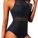 Holipick Crochet Tummy Control One Piece Swimsuit Modest Bathing Suit High Neck Full Coverage Swimwear (Black, L)