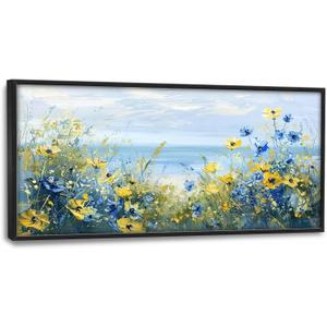 Beach Floral Large Wall Art Teal Flower Pictures Wall Decor Coastal Seascape Canvas Painting Modern Artwork Home Decoration for Living Room Bathroom Bedroom Office Framed 60"x30"