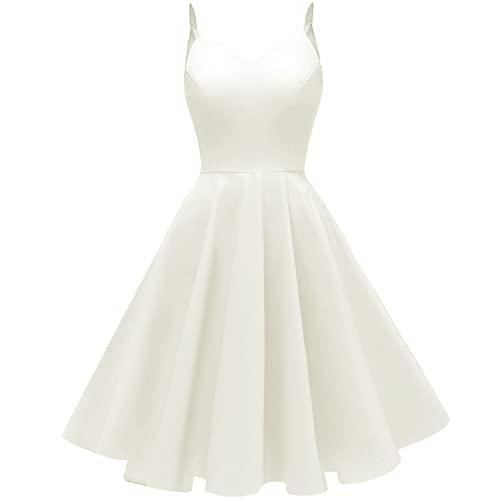 GOOBGS Women's 1950s Retro Vintage Spaghetti Strap Cocktail Swing Dresses with Pockets White S
