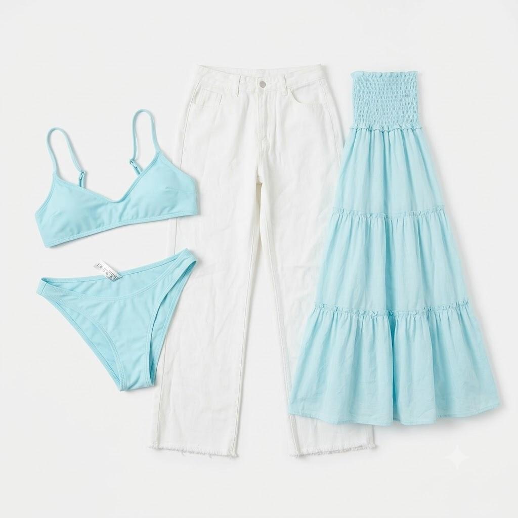 Mix and Match Light Blue Bikini with Crisp White Jeans And Maxi Skirt Pool Side Sunset Style, Small