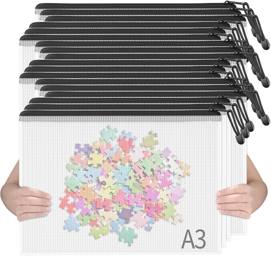 SUNEE 18pcs Plastic Mesh Zipper Pouch, A3, Extra Large, 16x11 in, Water-Resistant Zip Bag for School Office Supplies, Puzzles & Games Organizing Storage (Black, 18 Pack) (11x16)