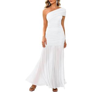 LAGSHIAN Women's Elegant Formal Long Dress One Shoulder Sleeveless Ruched Bodycon Evening Dress,Medium
