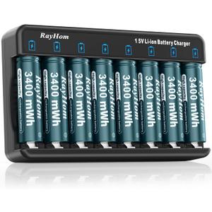 Rechargeable AA Lithium Batteries with Charger, 8Pack Li-ion Double a Batteries, 1.5V 3400mWh High Capacity, Cycle Times Over 1000+