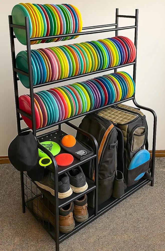 Disc Golf Storage Rack, Metal Disc Station Organizer Shelf, Equipment Accessories Storage, Frisbee Bag Basket Organizers for Home Garage Basement, Stand Shelves, Black