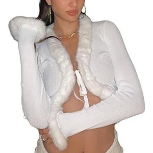 KnniMorning TEES Sexy Women Long Sleeve Tie-up Cardigan Deep V Solid Crop Tops Fur Trim Fashion Knitted Sweaters Large White