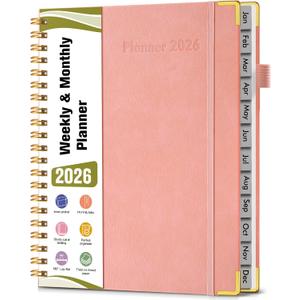 2026 Planner, Hardcover Leather Weekly and Monthly Planner, January 2026 - December 2026, Spiral Yearly Agenda Organizer Book 2026 with Tabs, Daily Calendar Planners for School Work Home, A4 (8.5" x 11"), Pink