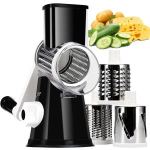 KEOUKE Rotary Cheese Grater Hand Crank Black - Shredder Slicer Grinder 3 Stainless Steel Blades, Stable Suction, Labor-Saving Handle, Safe Kitchen Tool for Cheese, Vegetable, Nuts, Chocolate