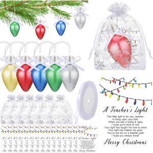 Riceshoot 15 Set Christmas Teacher Appreciation Gift Glitter Light Bulb Ornament for Christmas Tree Hanging Decoration with Thank You Card and Snowflake Organza Bag for Winter Xmas Party Supplies