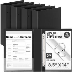 Henoyso 4 Pcs Legal Size Binder 3 Ring 2" Durable Black Binders for 8.5" x 14" Paper Hold up to 375 Sheets for Documents Artwork Blueprints, Office, Home, Work Places