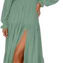ZESICA Women's 2024 Boho Sexy Off Shoulder Long Sleeve Smocked High Waist Side Split Flowy A Line Tiered Long Maxi Dress, Green, Large