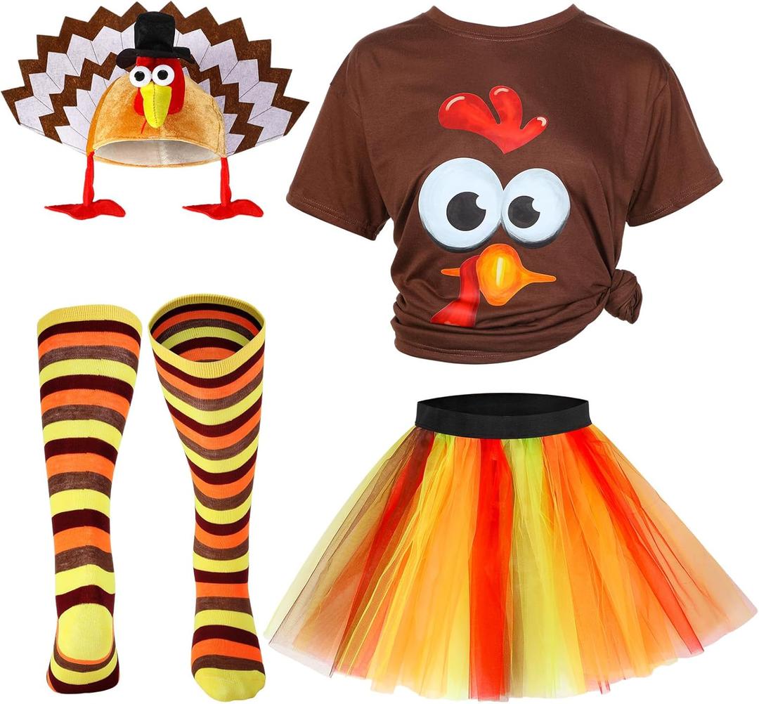 HooLing 4 Pcs Thanksgiving Turkey Costumes Set for Women Turkey Face T Shirt Tutu Skirt Knee High Socks Gobbler Hats (Medium, Brown)