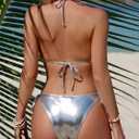 Womens Triangle Halter Metallic Gold Bikini Sets Dual Straps Side Tie Two Piece Bathing Suit Sexy String Swimsuit Swimwear (Small)
