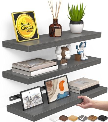BAYKA Grey Floating Shelves for Wall, Set of 3, Wall Mounted Rustic Wood Shelves for Bathroom, Bedroom, Living Room, Kitchen, Small Hanging Shelf for Books/Storage/Room Decor, 15.7in