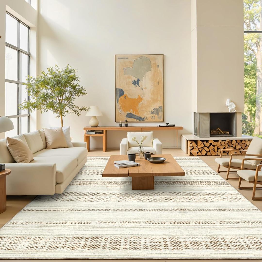 9x12 Area Rug for Living Room Moroccan Washable Rugs Non Slip Indoor Floor Carpet Foldable Large Soft Area Rug for Dining Room Bedroom with Low Pile(Brown,9'x12')