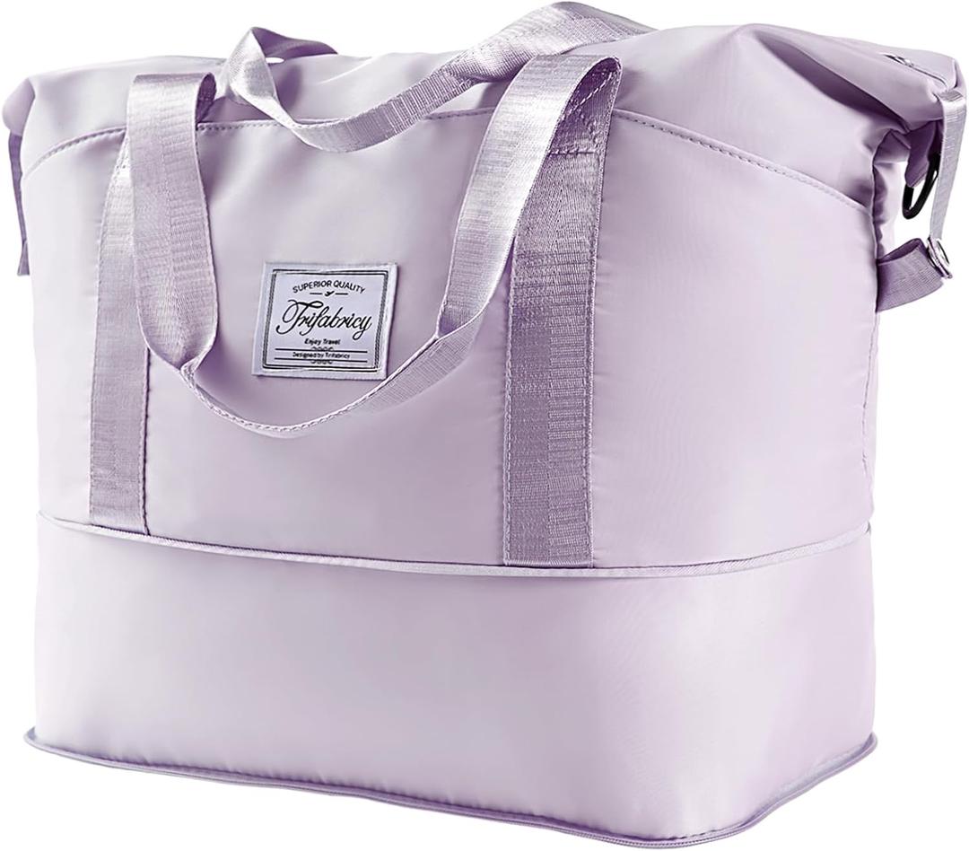 Travel Duffel Bag - Large Shoulder Weekender Overnight Bag, Carry on Bags with Wet Pocket, Waterproof Expandable Duffel Bags with Trolley Sleeve for Sports Travel Gym, Purple