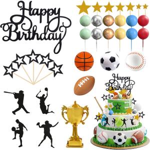 Knana 34Pcs Sports Cake Toppers with Baseball Soccer Basketball Football for Sports Theme Birthday Party Decorations