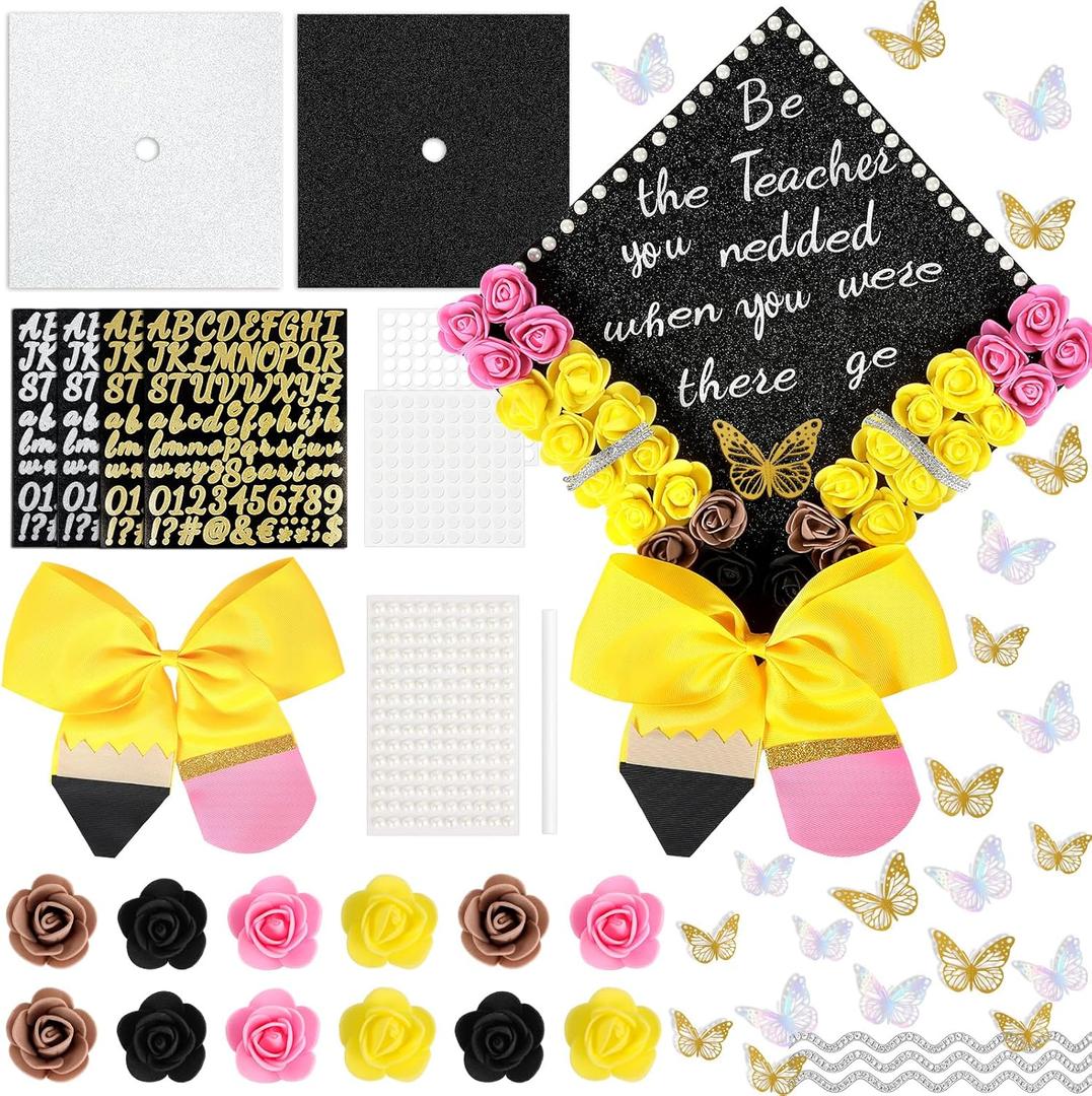 94 Pcs Pencil Classroom DIY Graduation Cap Decorations Mini Artificial Rose Flowers 3D Butterfly Stickers Glitter Alphabet Letter Number Decals for DIY Hat Grad Cap Topper Graduation Party Supplies