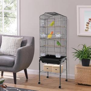 54 Inch Wrought Iron Bird Cage, Indoor Bird Cage Stand with Storage Shelf & Feeders and Waterers, Movable Large Freestanding Birdcage with 4 Universal Wheels for Canaries, Parrots, Sparrows - Black