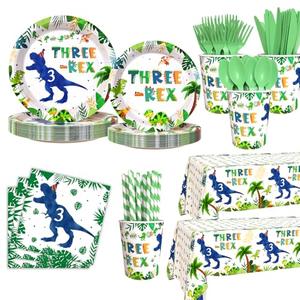 AIBIIN 194pcs Three Rex Birthday Decorations for Boy 3rd Birthday Party Plates, Cup, Napkin, Tablecloth, Tableware, Dinosaur 3 year old Birthday Party Supplies Plates Serve 24 Guests