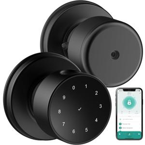 5-in-1 Smart Fingerprint Door Knob with Keypad, Bluetooth/APP Control, Keyless Entry Door Lock, Easy No-Drill Installation for Front Door, Bedroom, Office