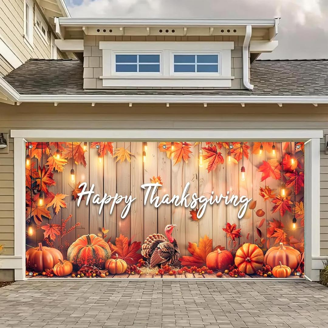 6x13ft Thanksgiving Banner for Garage Door Happy Thanksgiving Turkey Pumpkin Fall Leaves Warm Lights Family Gathering Photo Background Decor Indoor Outdoor Party Decorations