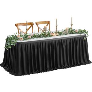 Wish Care 6ft Long Black Table Skirt for Rectangle Tables Decorations - Wrinkle Resistant Polyester Pleated Table Skirting Desk Skirts for Office Baby Shower Birthday Party Wedding Banquet
