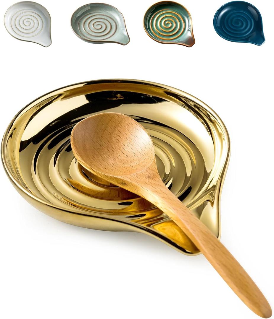 LAUCHUH Spoon Rest for Stove Top, Ceramic Spoon Holder for Kitchen Countertop Large Utensil Rest for Spatula, Spoons or Tong, Ladle, Fork, Christmas, 5 inch, Gold