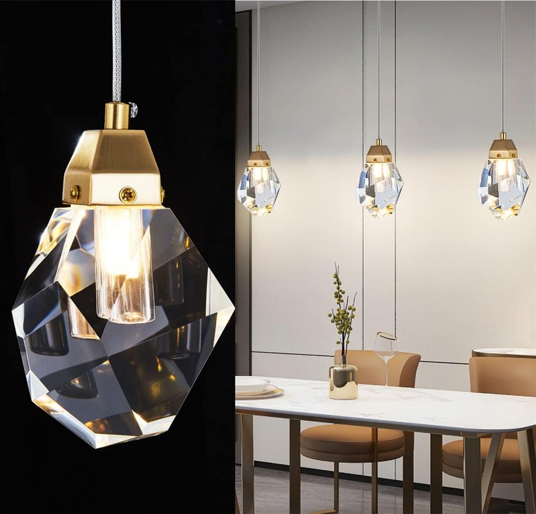 Diamond Crystal Pendant Light, 2 Pack Mini Ceiling Hanging Light in Gold Brushed Brass Finish Prism Crystal Color Changing Led Hanging Light for Kitchen Island Bathroom Bedroom Bar