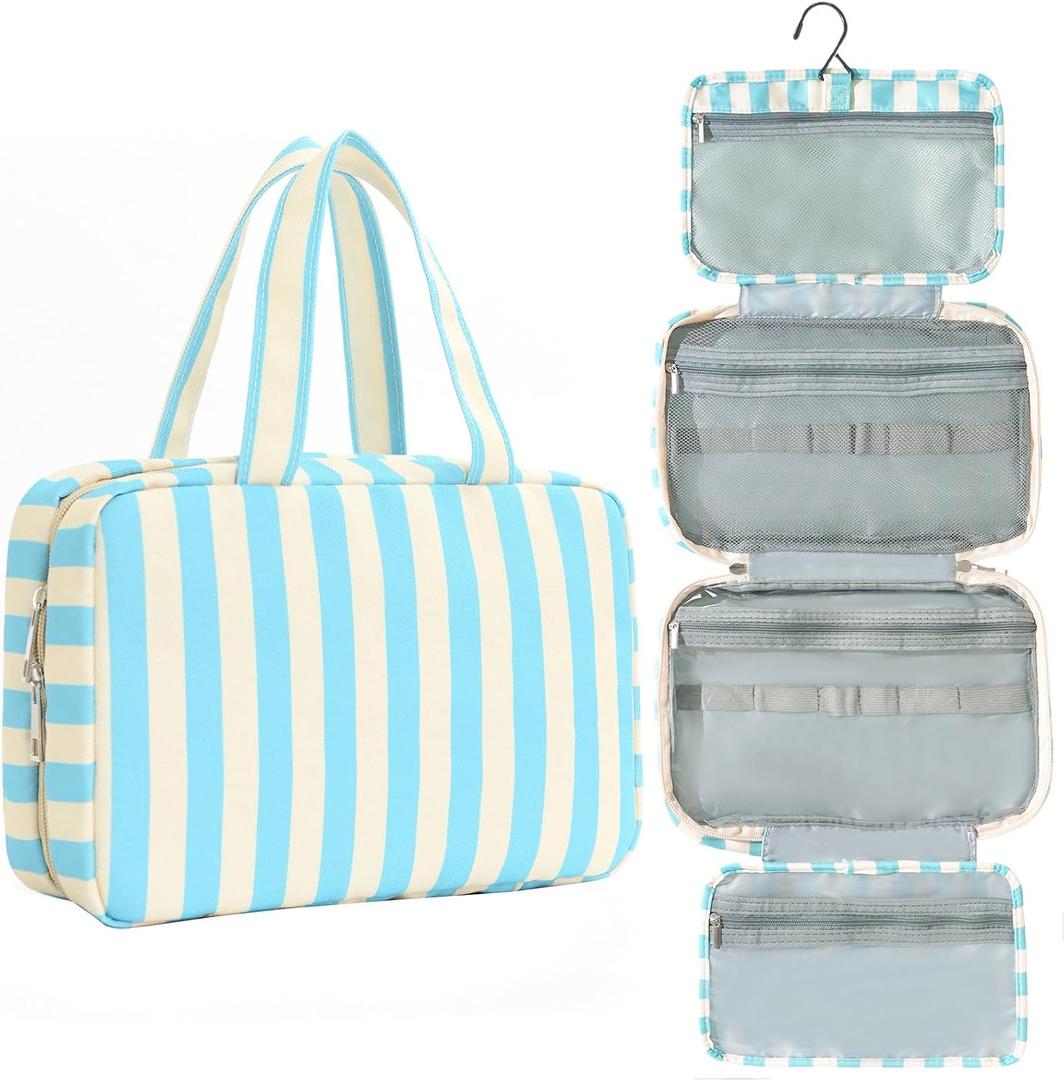 Toiletry Bag for Women Travel Water-resistant Cosmetic Bag Fashion Stripes Makeup Bag with Hanging Hook Preppy for Store Toiletries Cosmetic Accessories Medium Blue