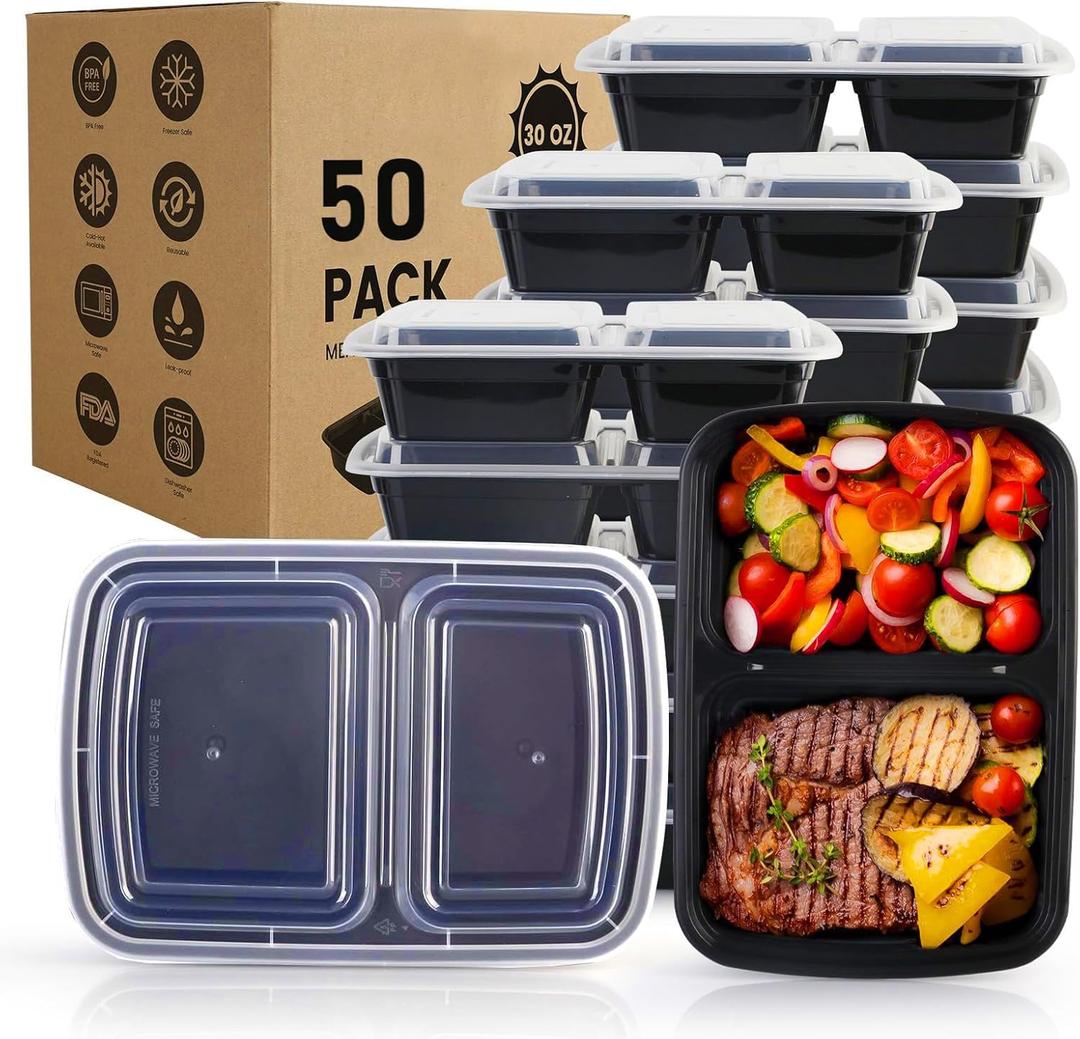 Meal Prep Containers Reusable 50 Pack - 2 Compartment Plastic Containers with Lids, To Go Food Containers BPA-Free, To Go Container With Lids Microwave, Dishwasher, Freezer Safe 30 oz