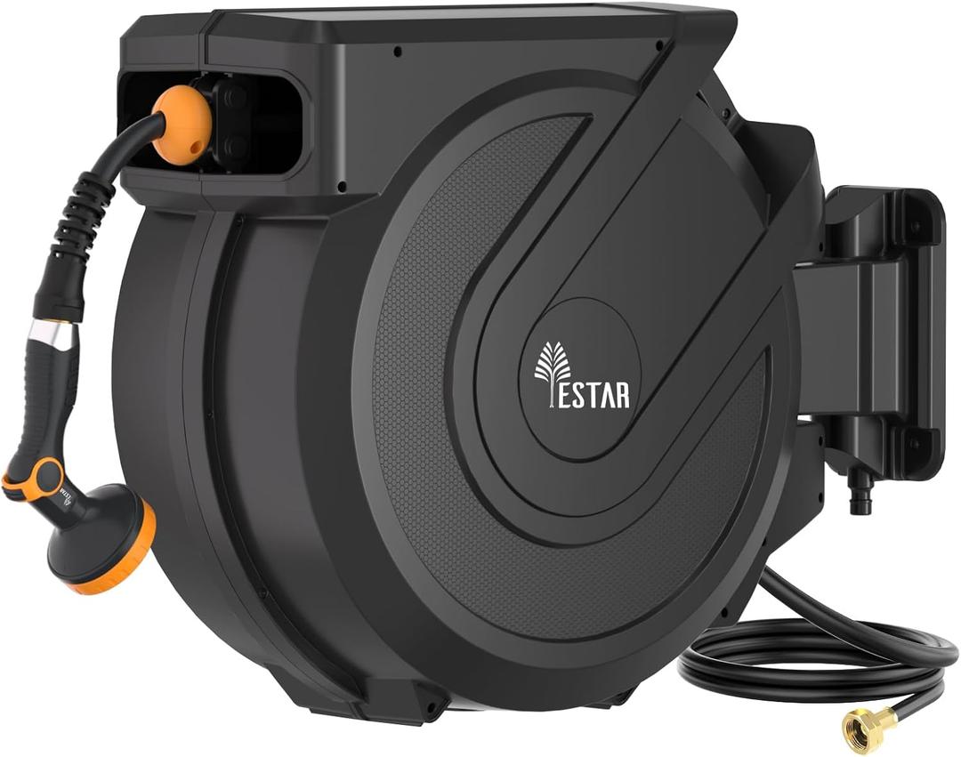 Retractable Garden Hose Reel 5/8 in x100 ft, Heavy Duty Wall Mounted Hose Reel with 10- Function Sprayer Nozzle, Any Length Lock/Automatic Slow Return System,180 Swivel Bracket