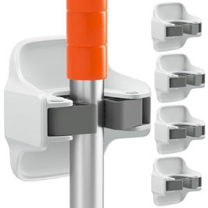 5 Pack Broom Holder Wall Mount Mop Grippers No Drilling Self Adhesive Anti-Slip Mop Handle Hanger Dustpan and Broom Organizer Garage Storage Racks-White
